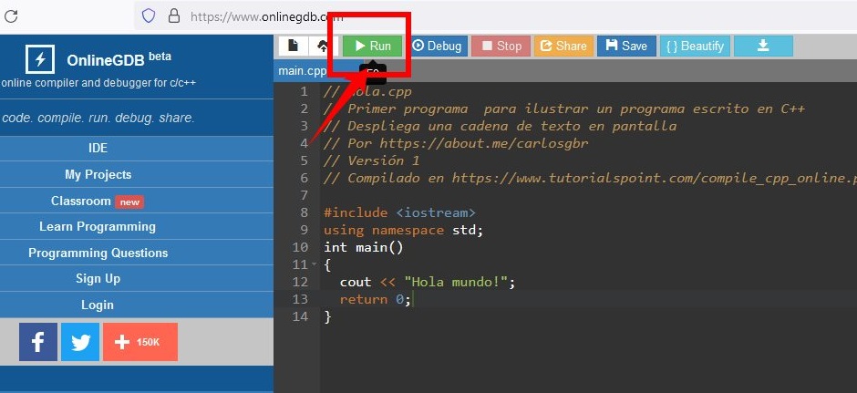 Ejecución del programa "Hola Mundo" en C++