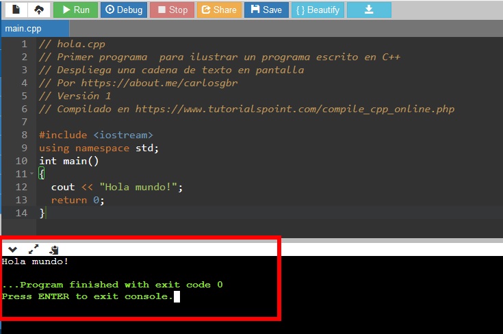 Ejecución del programa "Hola Mundo" en C++