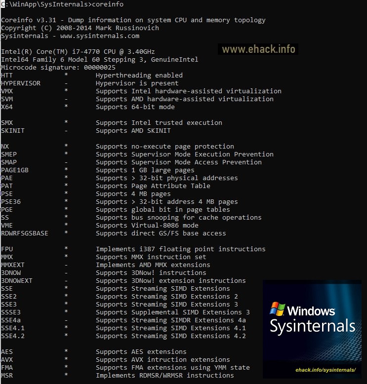 Coreinfo - Dump de la información física y lógica del procesador Coreinfo - Dump de la información física y lógica del procesador