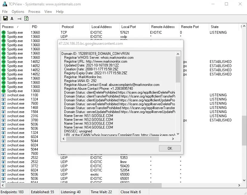 TCPView - Detalle de una conexión