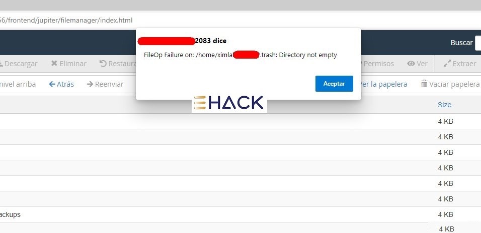 cPanel - No permite eliminar directorios